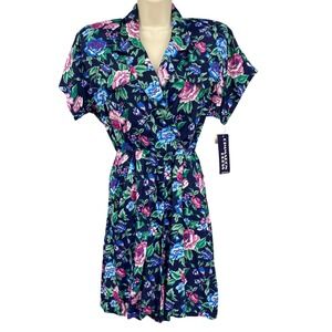 Vintage Cimmaron Dress Floral Romper Navy Blue Rayon Made in USA 90s NWT 7/8